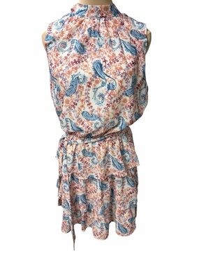 Pink Lily Paisley Sleeveless Mini Dress Cream Blue Size L